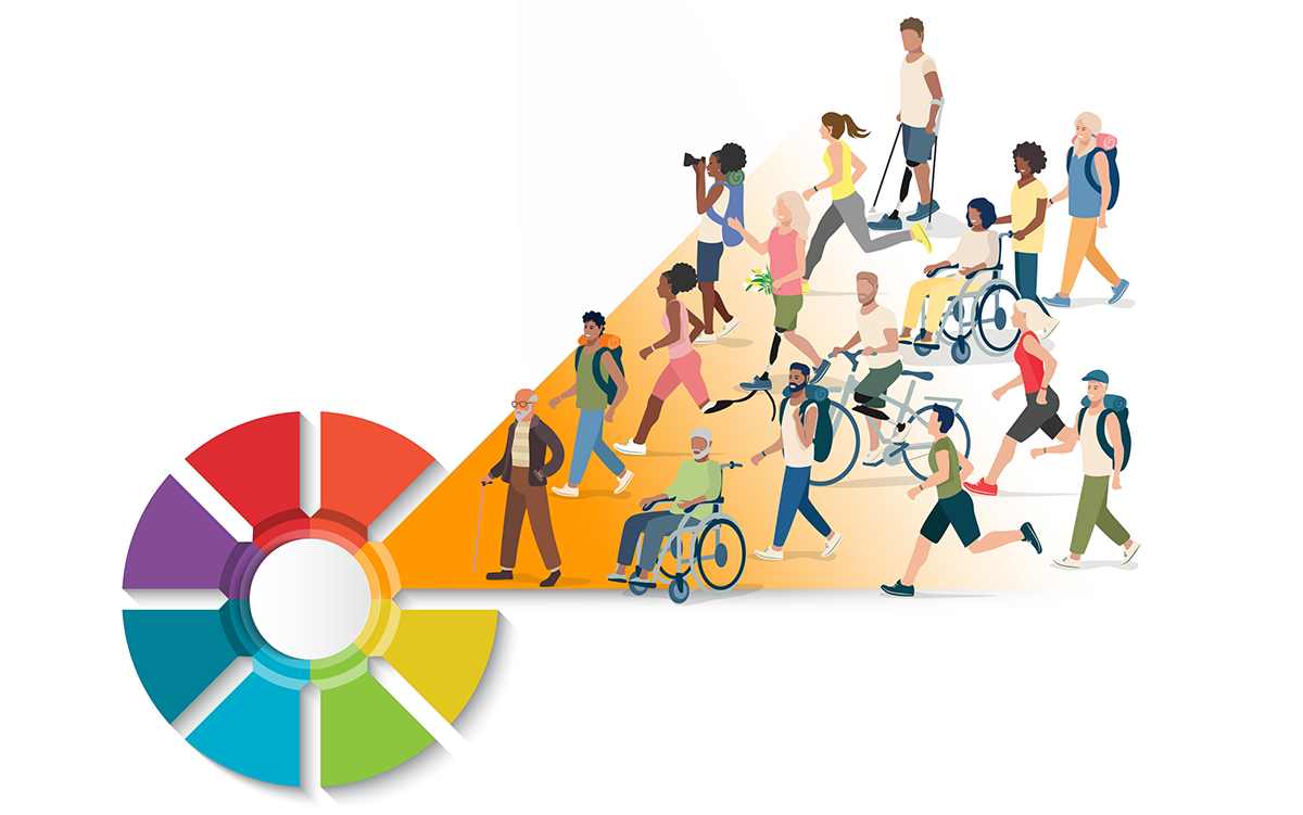 A wheel with different coloured spokes representing the 8 key components of CIHR's Research Excellence Framework appears at the bottom left. The orange spoke represents the Equity, Diversity and Inclusion key component. This spoke is enlarged and within it is a large group of people who are diverse in ethnicity, age, sex, and disability. They are engaged in different activities, such as walking, running, or cycling. Some are using wheelchairs, canes, or prosthetic devices and bicycles. Everyone is moving in the same direction.